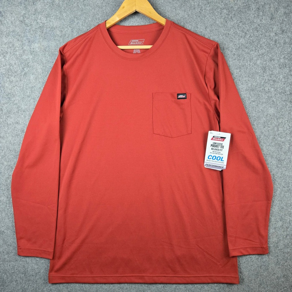 Dickies Long Sleeve Pocket Tee Mens Large Red Performance Moisture Wicking Shirt